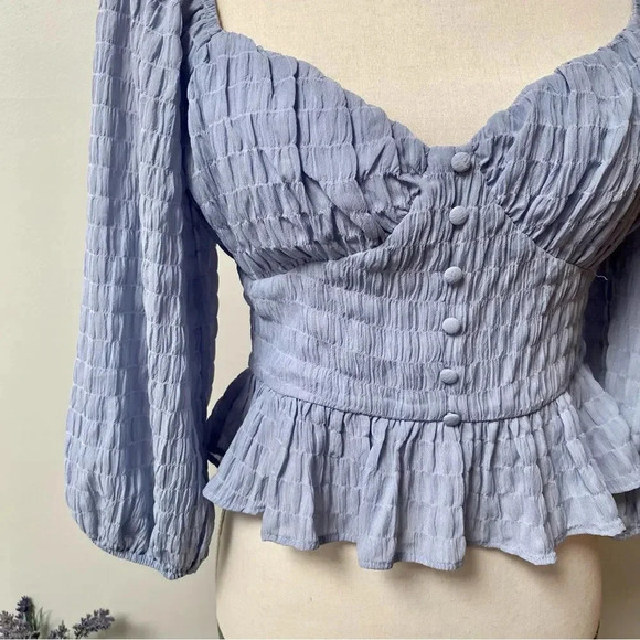 Lush Maria Smocked Peplum Blouse Blue Long Sleeve Size Medium - Picture 5 of 15